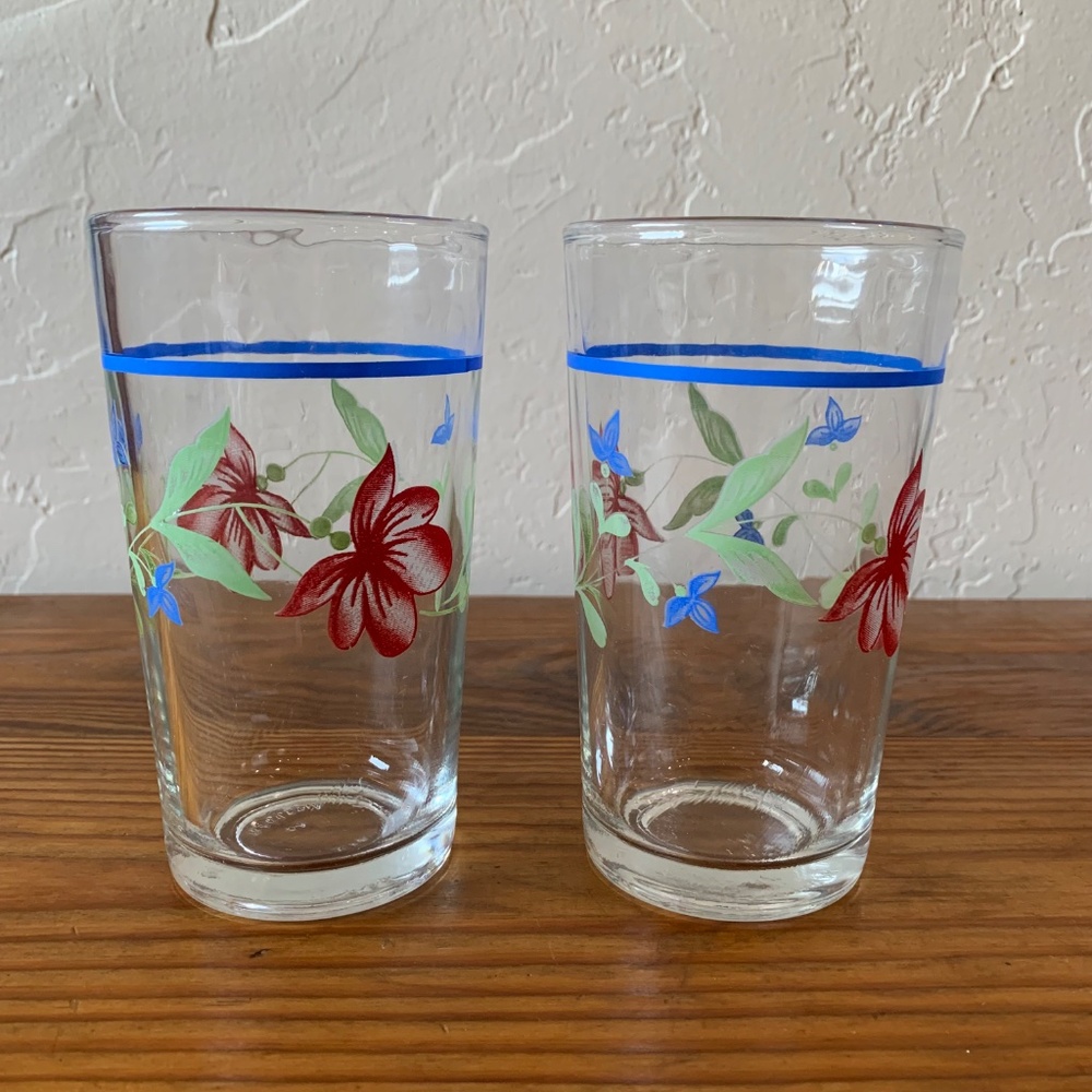 Set of 2 - Vintage KIG Indonesia Floral Highball Glasses – Blue Rim - Picture 11 of 12